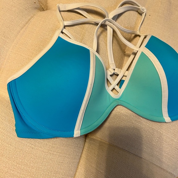 PINK Victoria's Secret Aqua/Blue/White Bikini Top T-Back Padded women’s Sz D-DD - Picture 6 of 13
